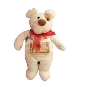 VINTAGE COMMONWEALTH Stuffed Dog Plush White & Tan Red Bow Gift Card Cash Holder